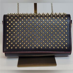 Christian Louboutin Tri Black & Leopard & Gold Studded Clutch / Shoulder Bag